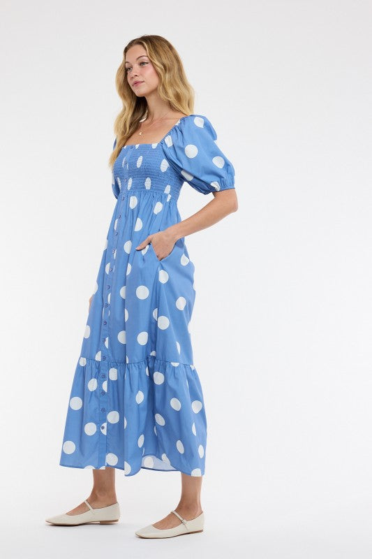 Puff Sleeve Polka Dot Maxi Dress