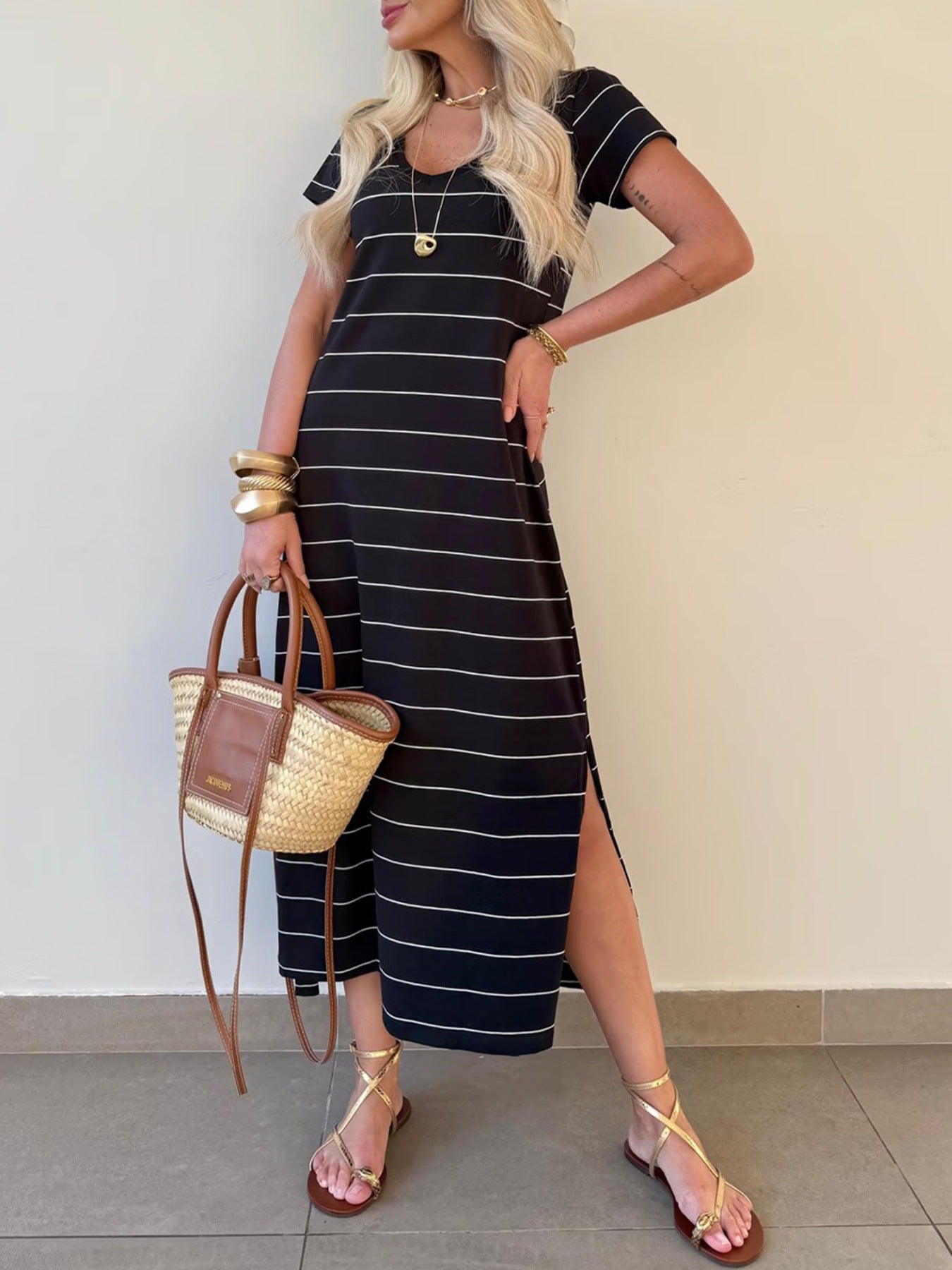 Slit Casual Striped Midi T-Shirt Dress