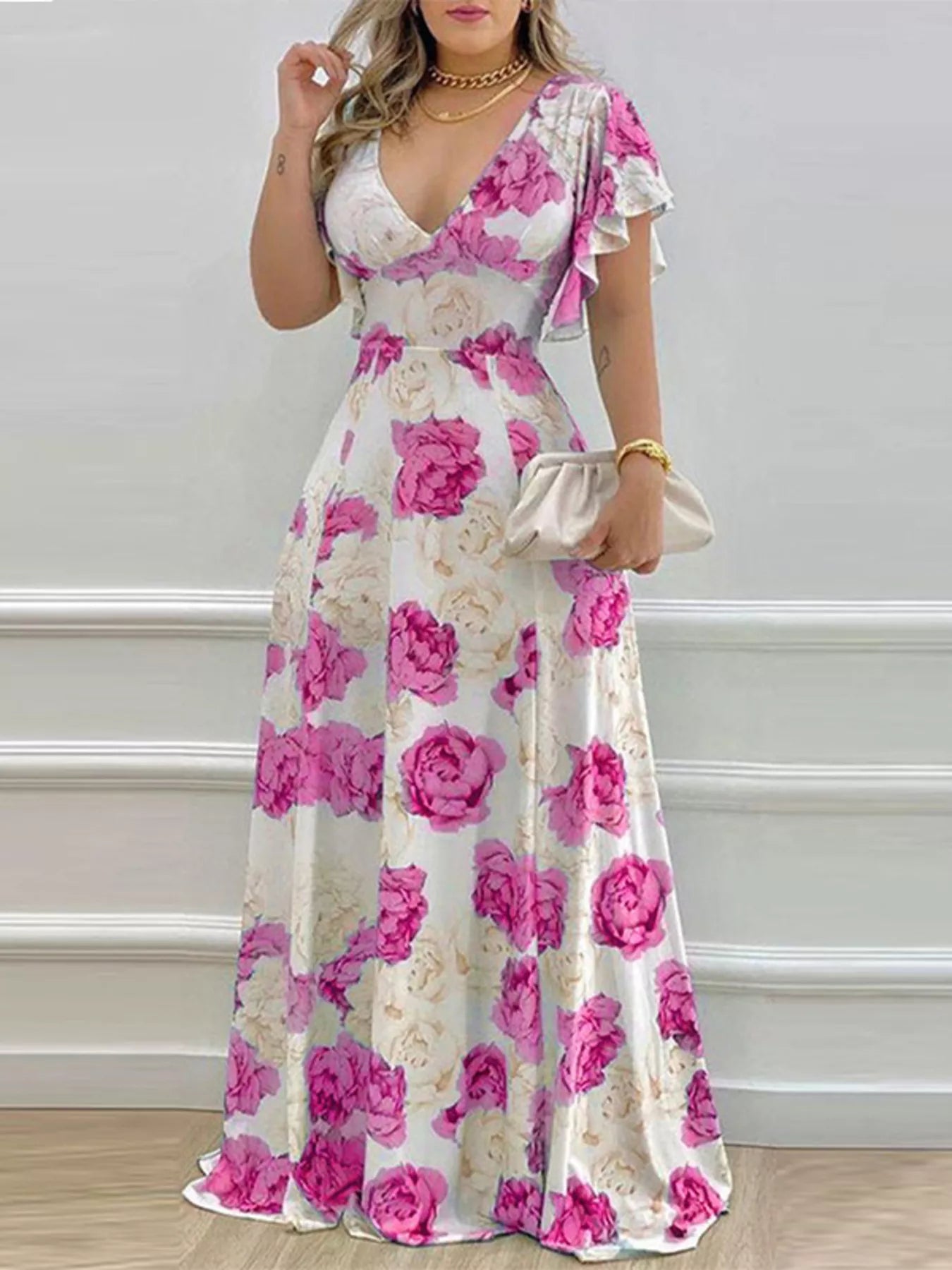 Floral Print V-Neck Ruffle Sleeve Maxi Dress