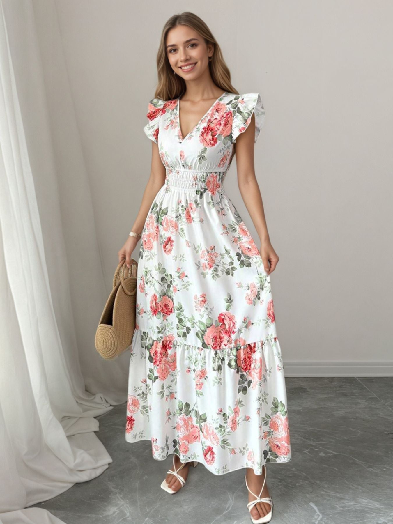 Floral Print Ruffle Sleeve Tiered Maxi Dress