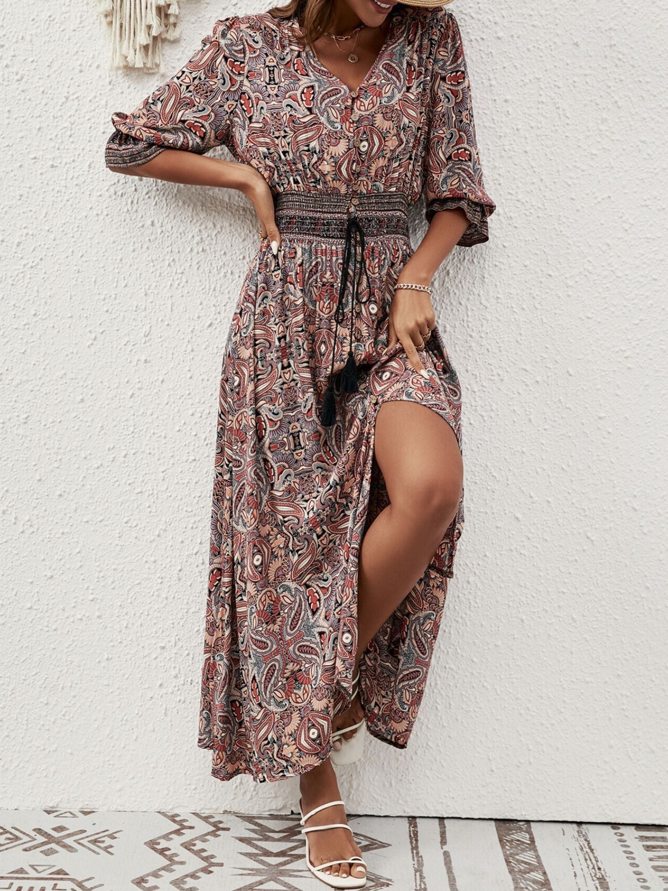 Paisley Print Half Sleeve Slit Midi Dress