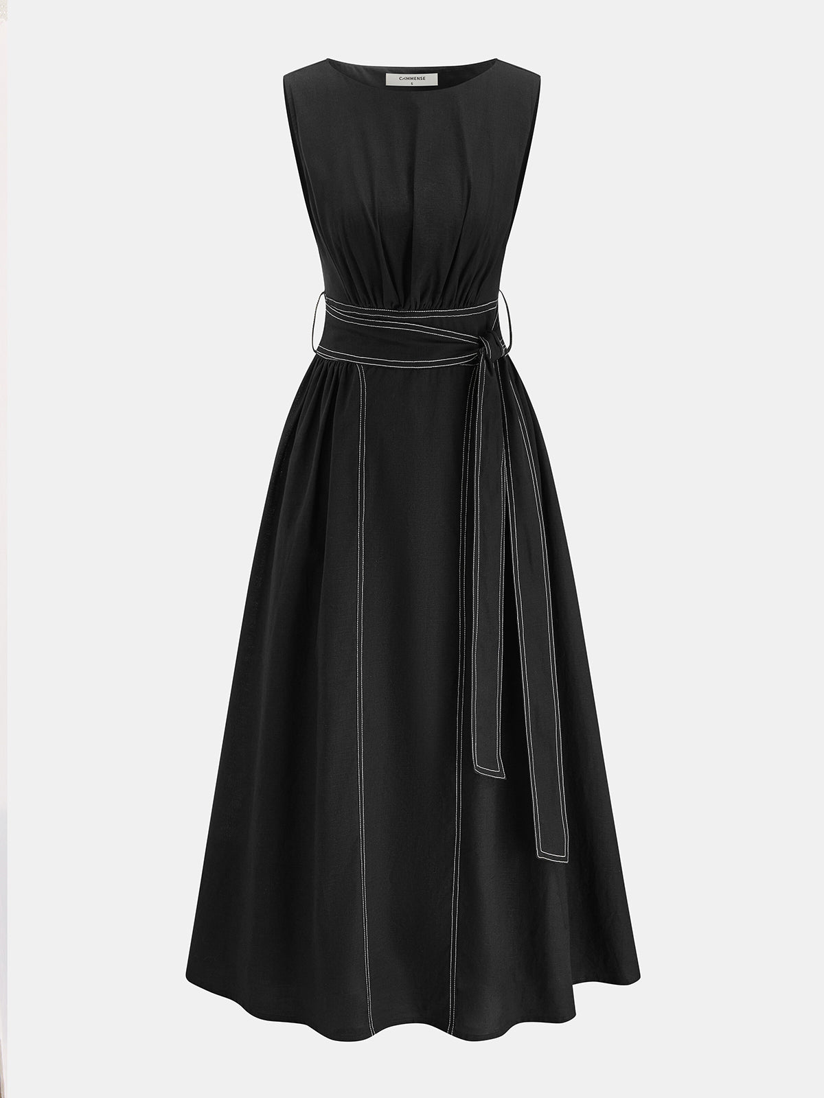 Cotton Linen Sleeveless Belted Midi Dress