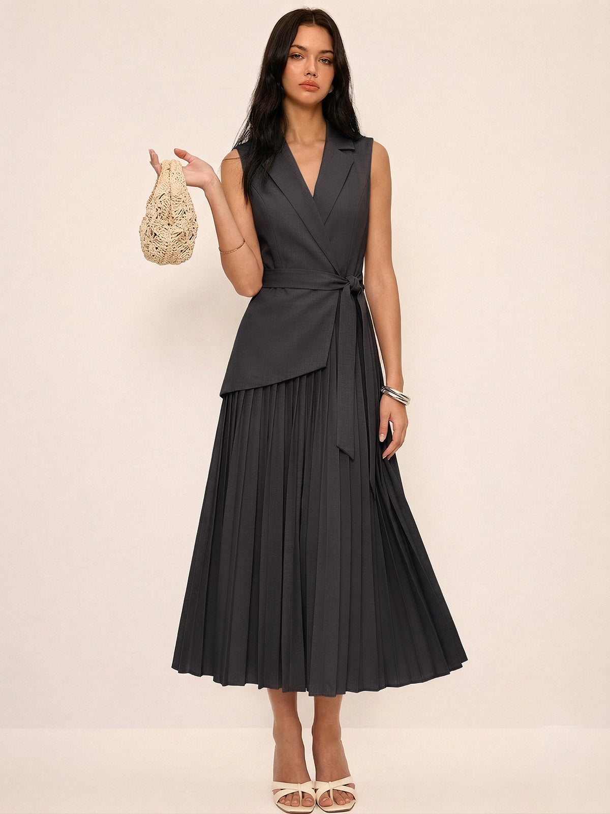 Sleeveless Belted Pleated Blazer Dress