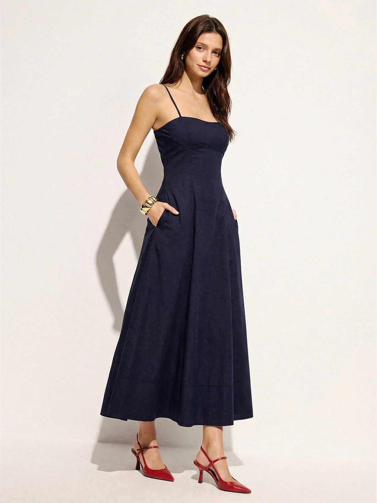 Cotton Blend Pocketed Cami Flared Maxi Dress