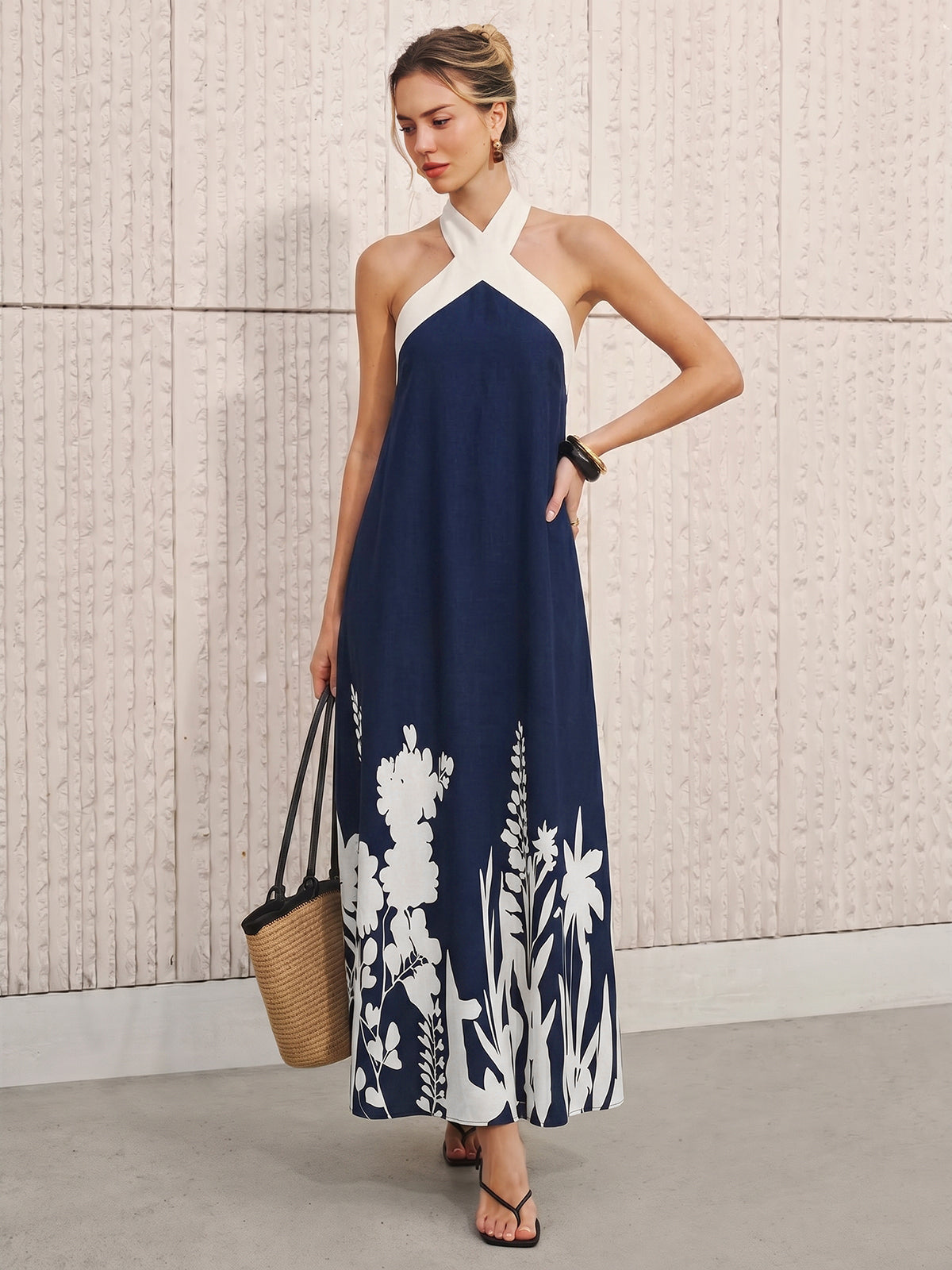 Halter Neck Floral Print Midi Dress