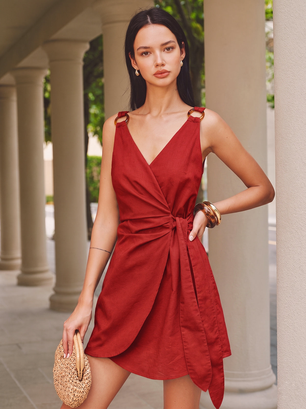 Ring Strap Wrap Cotton Linen Mini Dress