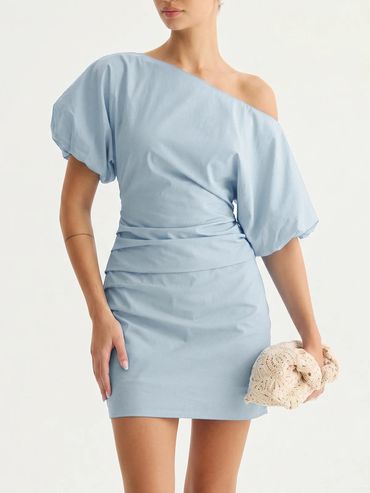 Off Shoulder Puff Sleeve Ruched Mini Dress