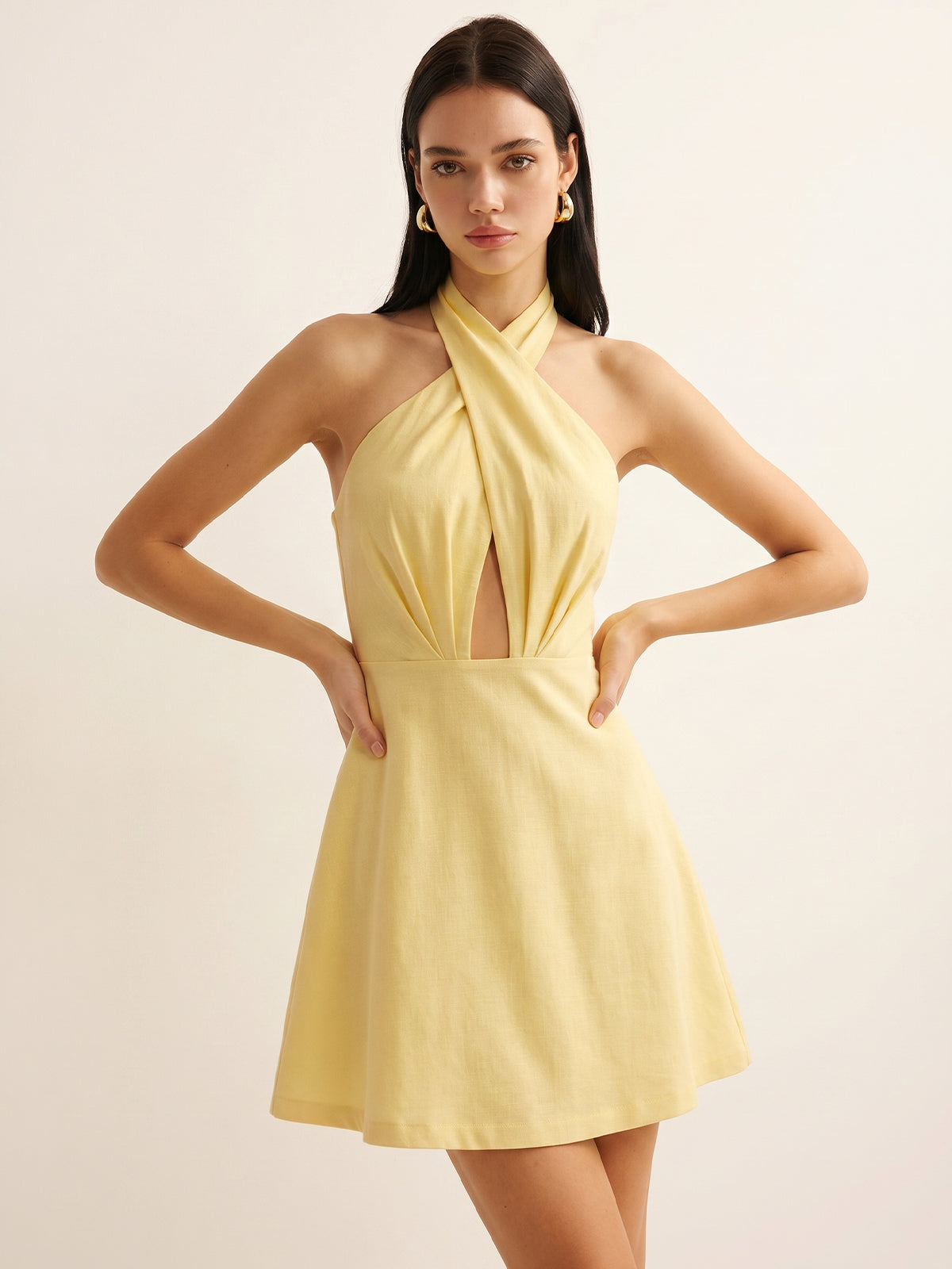 Cross Halter Cotton Linen Mini Dress