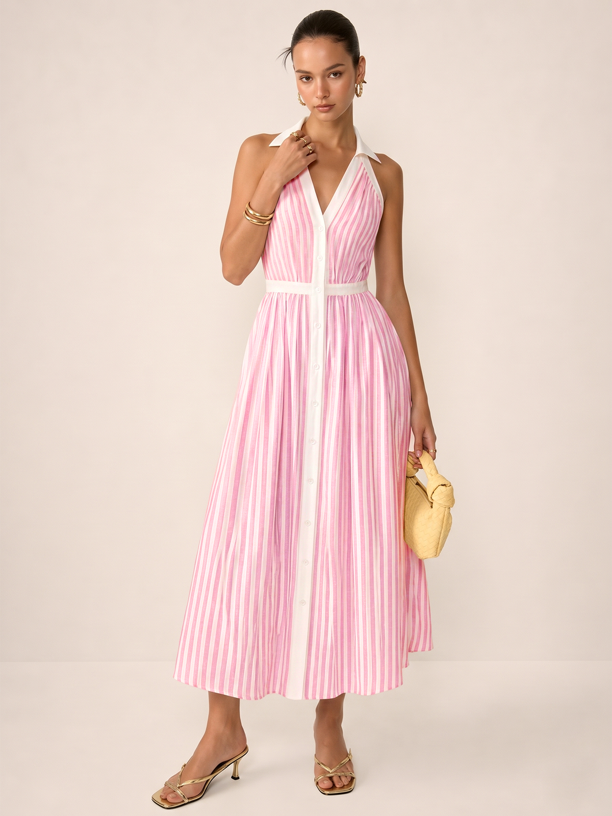 Striped Cotton Blend Collared Halter Midi Dress