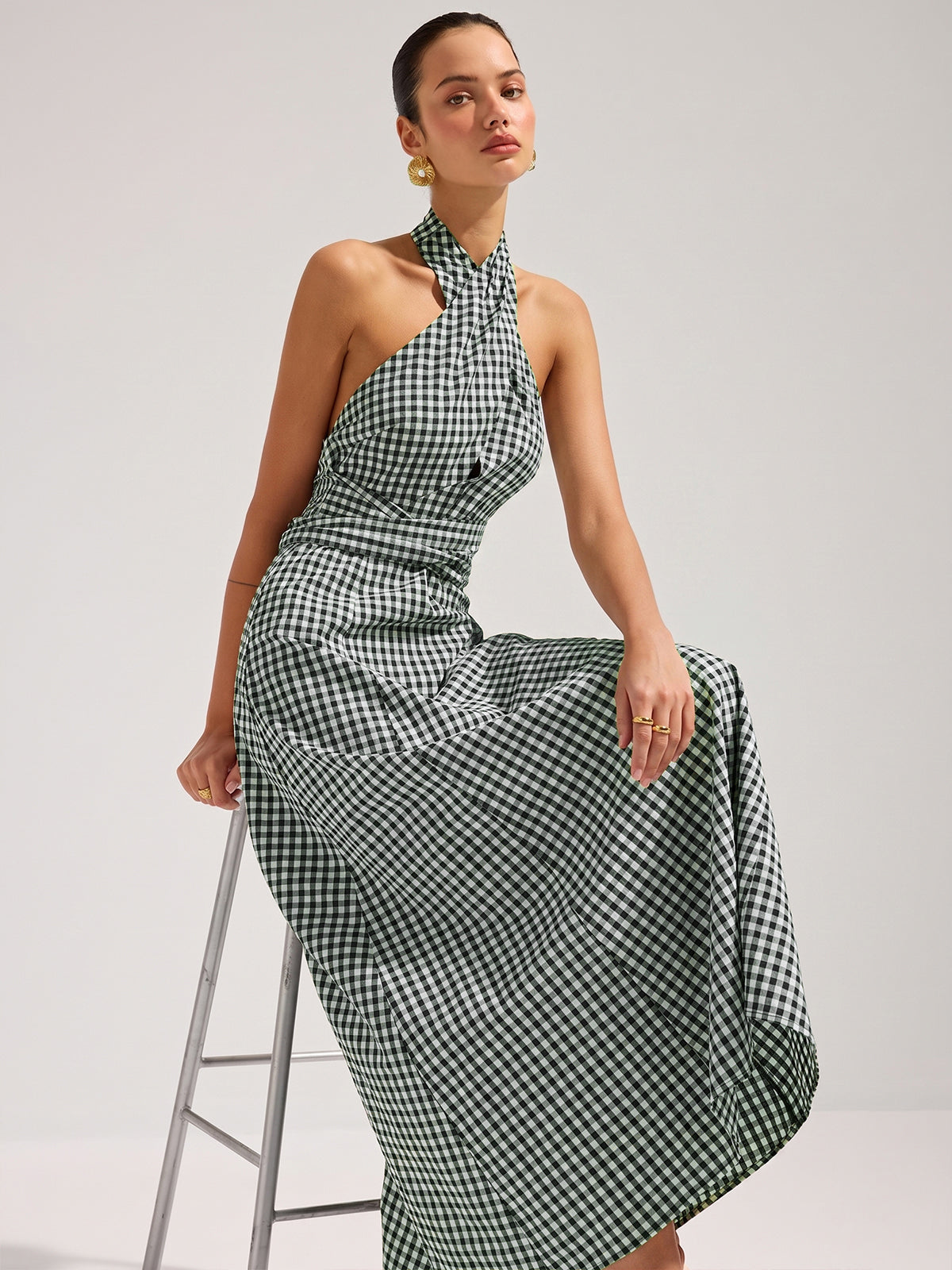 Gingham Halter Cotton Maxi Dress