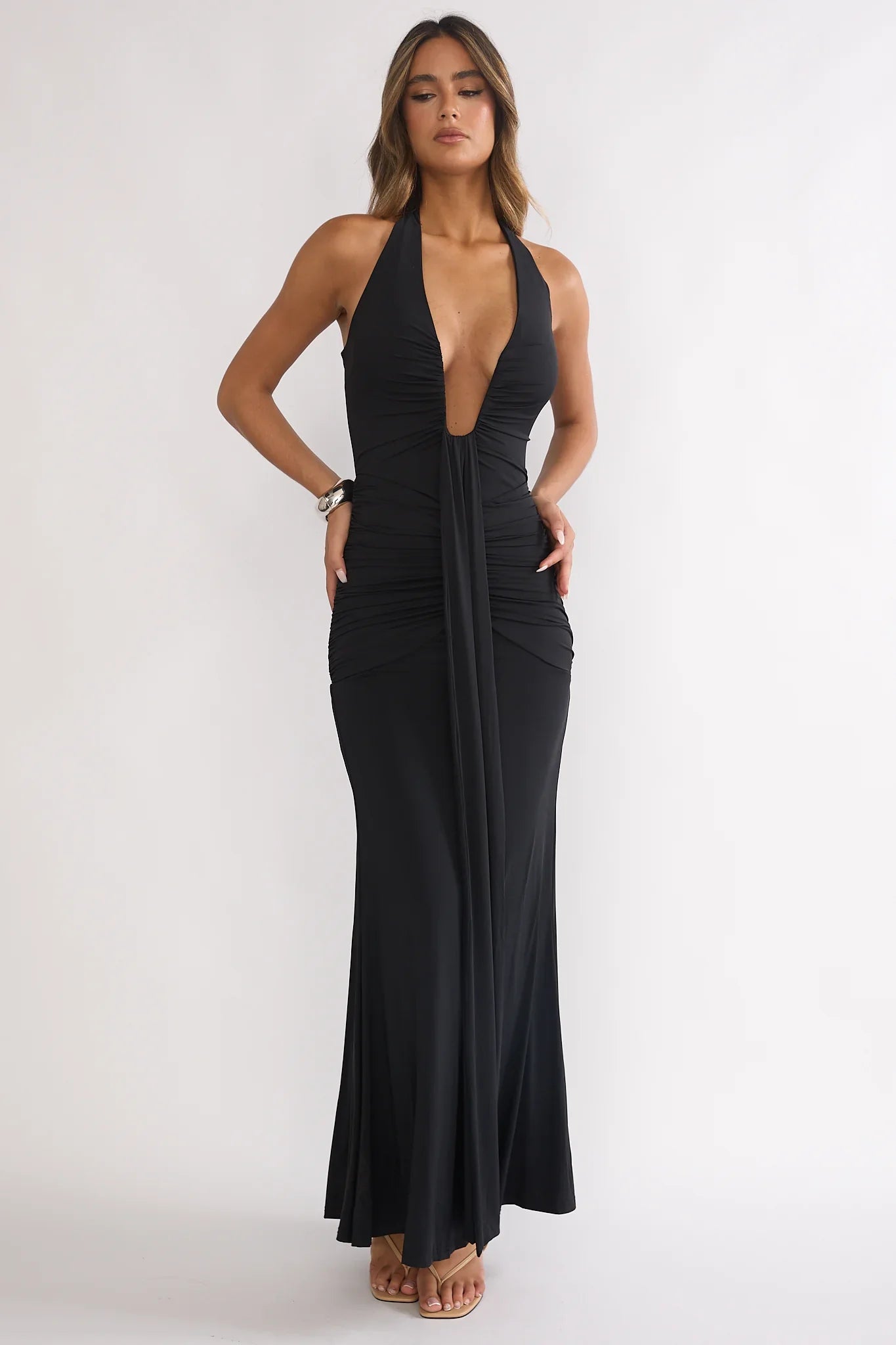 Brienna Halter Ruched Maxi Dress Black