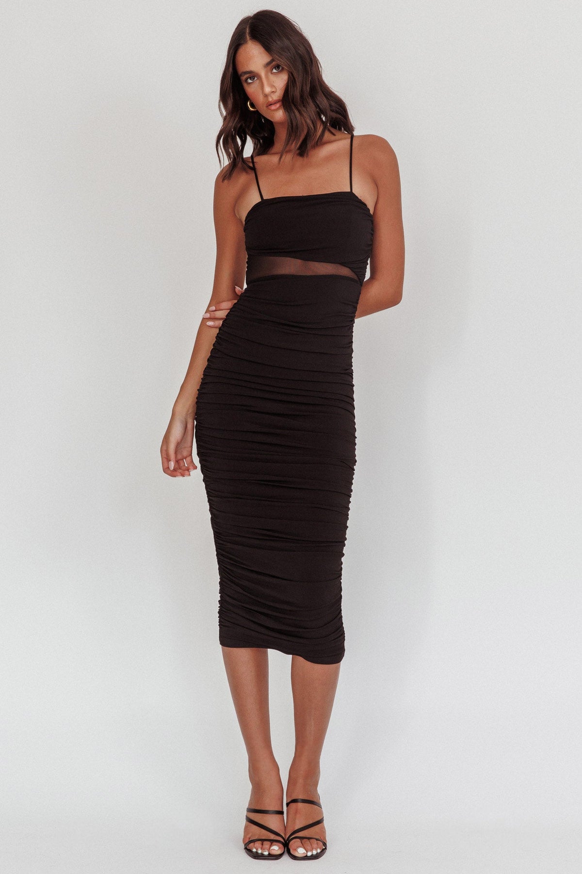 Take A Glance Sheer Waist Midi Dress Black