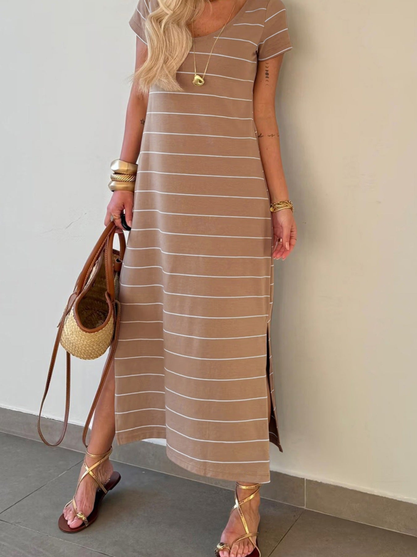 Stripe Short Sleeve Side Slit Maxi T Shirt Dress