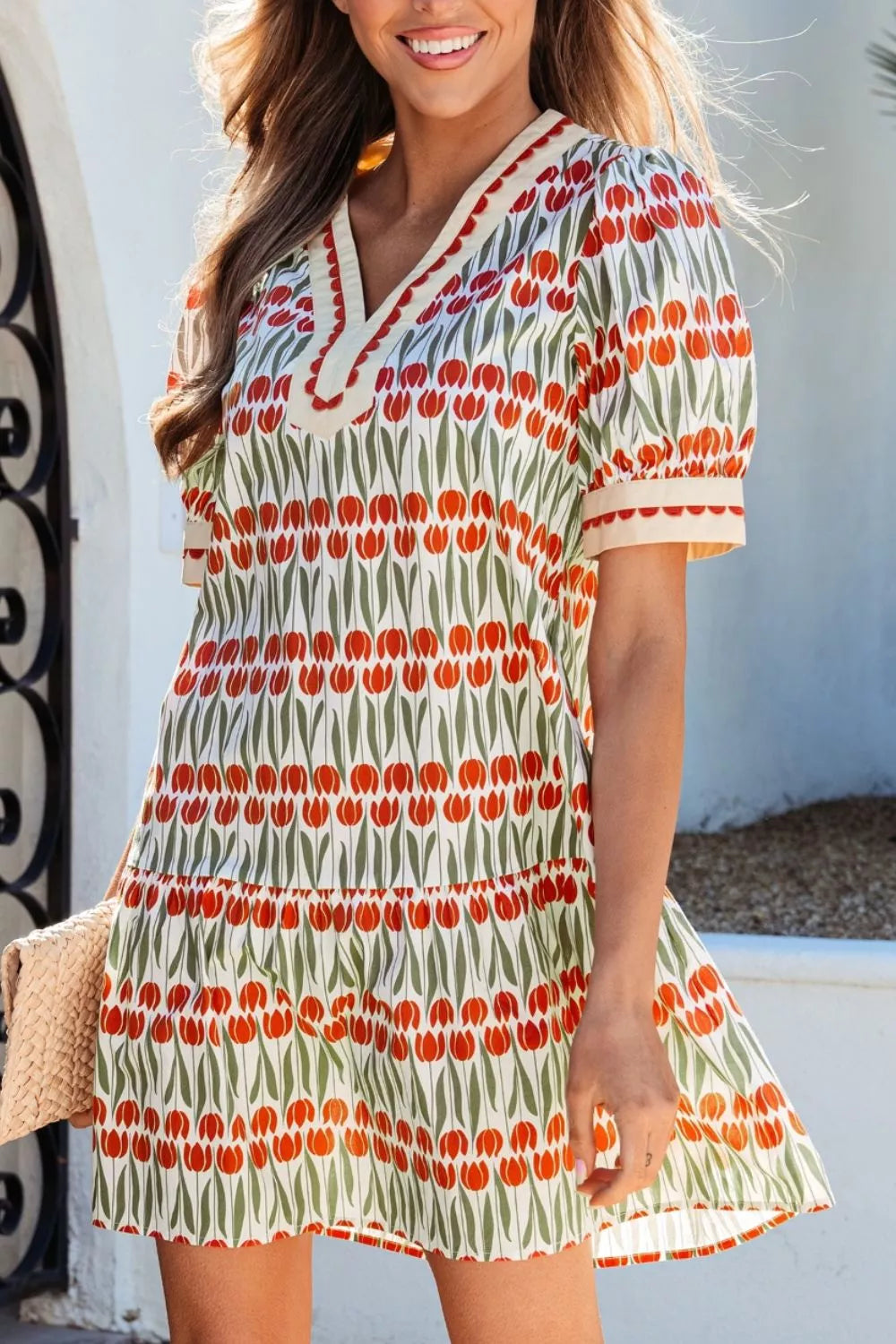 Tulip Floral Print Cotton Puff Short Sleeve Mini Dress