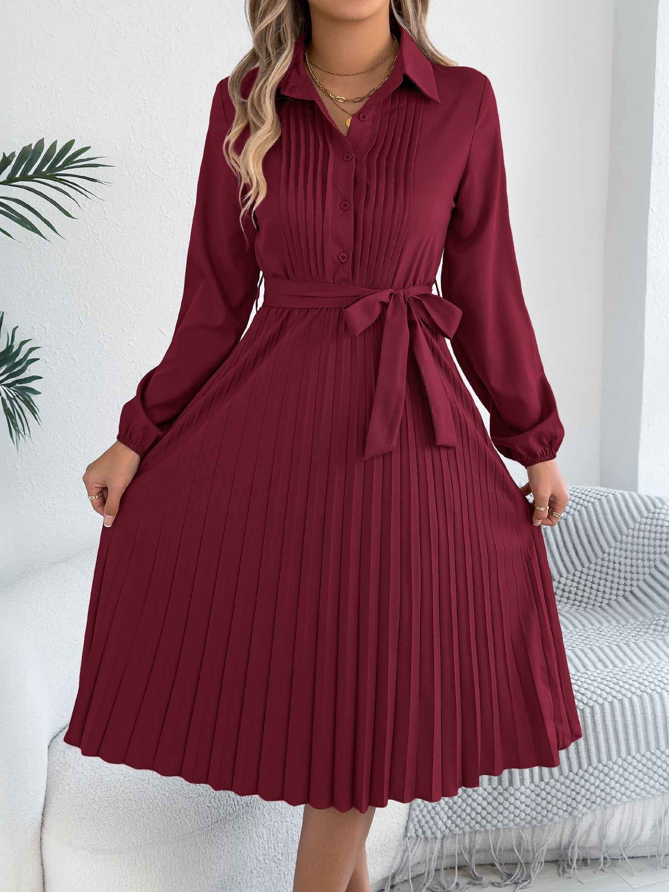 Pleated Tie Waist Balloon Sleeve Dress