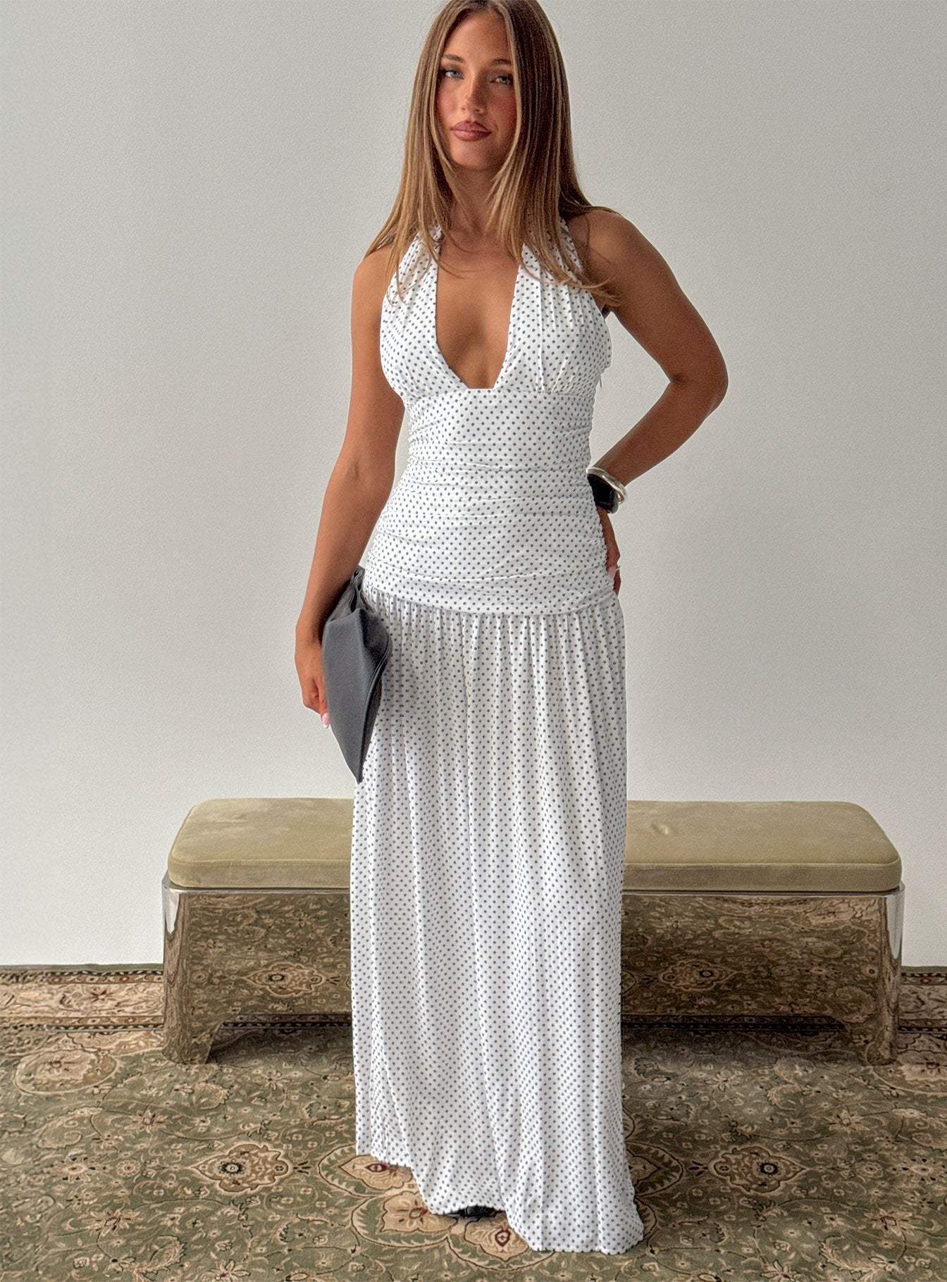 Millen Gathered Waist Halter Maxi Dress White Polka Dot