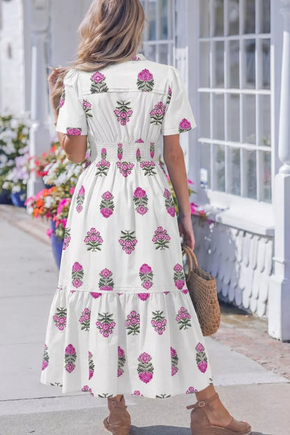 Floral Print Split Neck Shirred High Waist Ruffle Hem Midi Dress