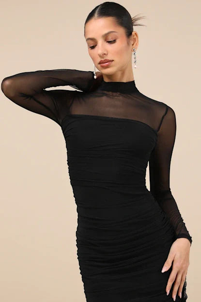 Impressive Flirt Black Mesh Ruched Mock Neck Midi Dress