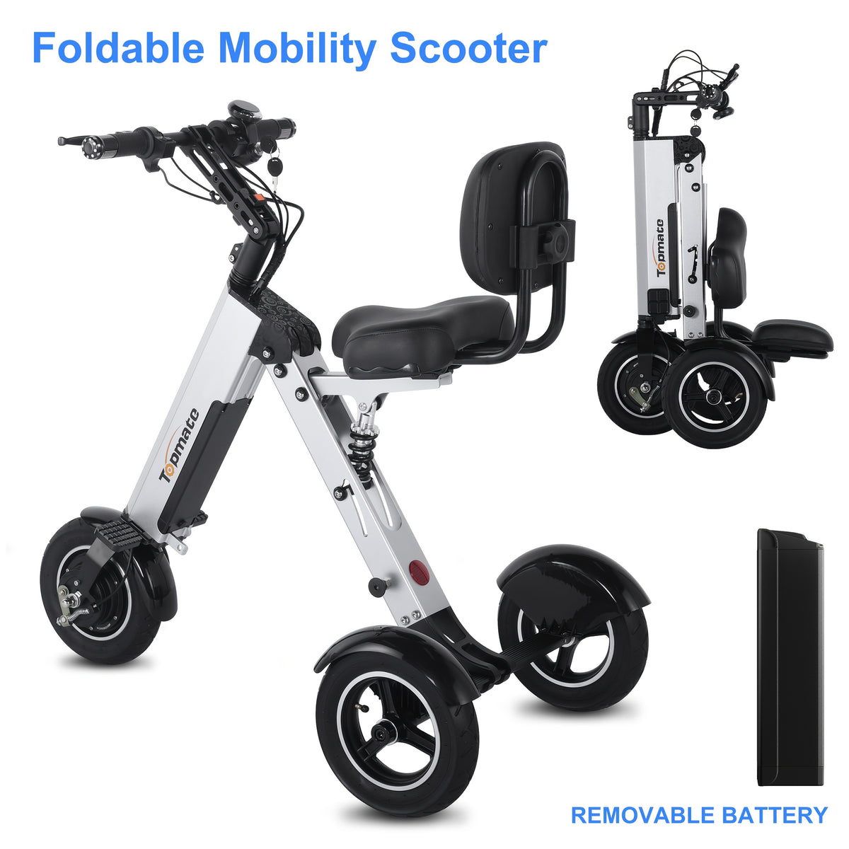 Topmate Electric Scooter, Foldable Mobility Scooter with Seat and Backrest, 3 Wheels Lightweight Power Scooter for Adults, Removable 7.8AH Battery with Reverse Function and Key Switch, for Commuting and Travel, Silvery
