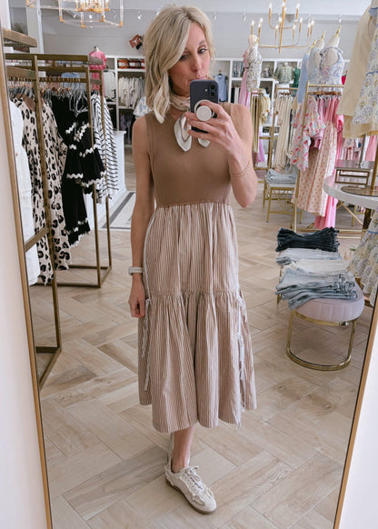 Brown tie striped dress
