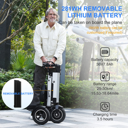 Topmate Electric Scooter, Foldable Mobility Scooter with Seat and Backrest, 3 Wheels Lightweight Power Scooter for Adults, Removable 7.8AH Battery with Reverse Function and Key Switch, for Commuting and Travel, Silvery