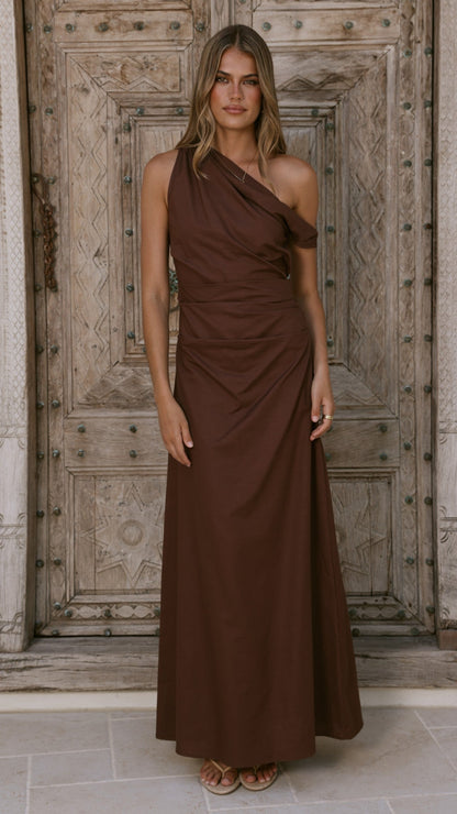 Larissa One Shoulder Maxi Dress - Brown