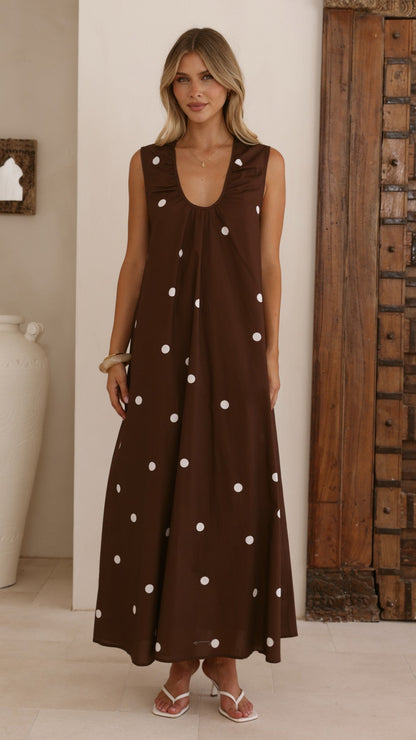 Scout Maxi Dress - Chocolate/White Polka