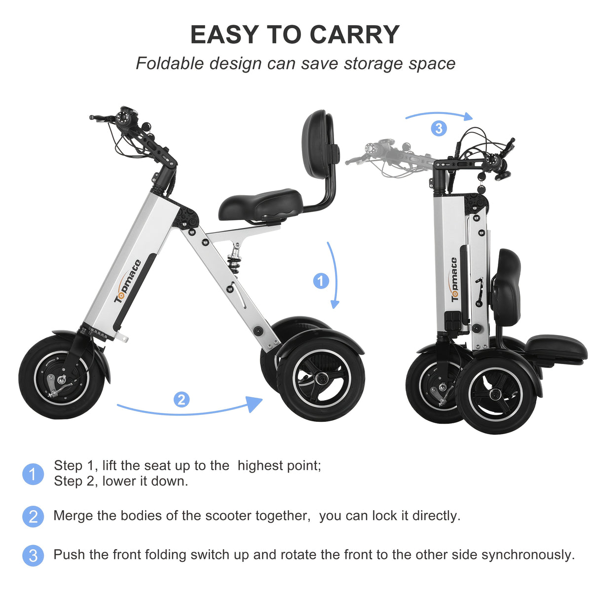Topmate Electric Scooter, Foldable Mobility Scooter with Seat and Backrest, 3 Wheels Lightweight Power Scooter for Adults, Removable 7.8AH Battery with Reverse Function and Key Switch, for Commuting and Travel, Silvery