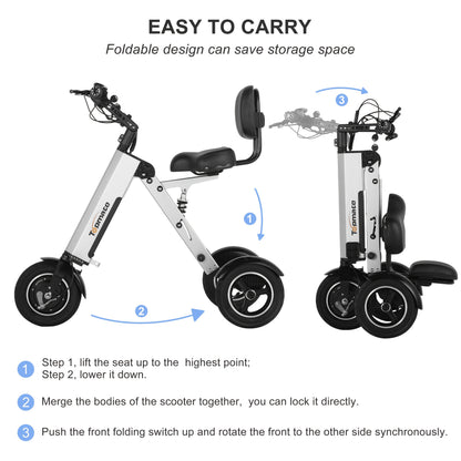 Topmate Electric Scooter, Foldable Mobility Scooter with Seat and Backrest, 3 Wheels Lightweight Power Scooter for Adults, Removable 7.8AH Battery with Reverse Function and Key Switch, for Commuting and Travel, Silvery