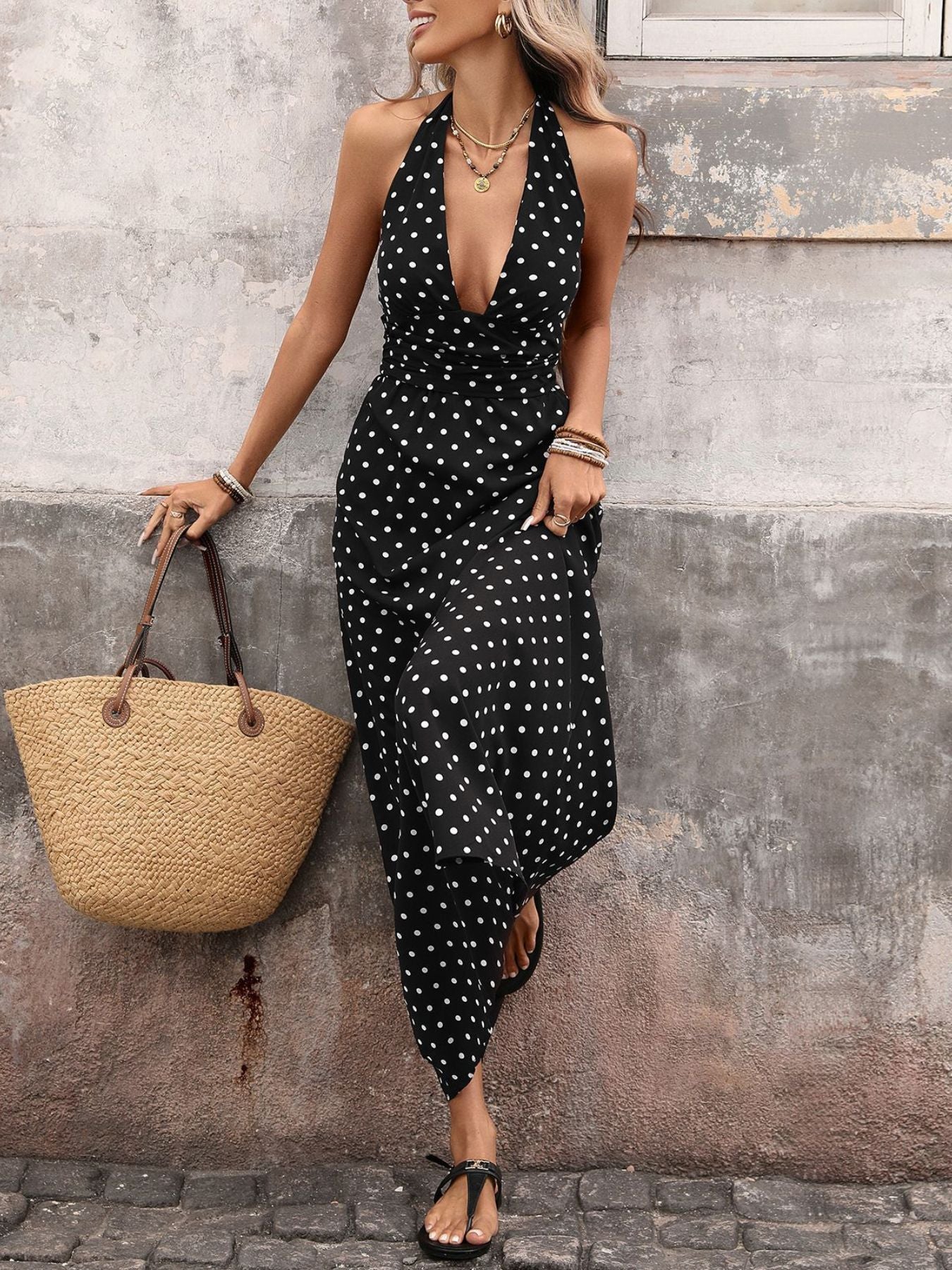 Polka Dot Halter Neck Maxi Dress