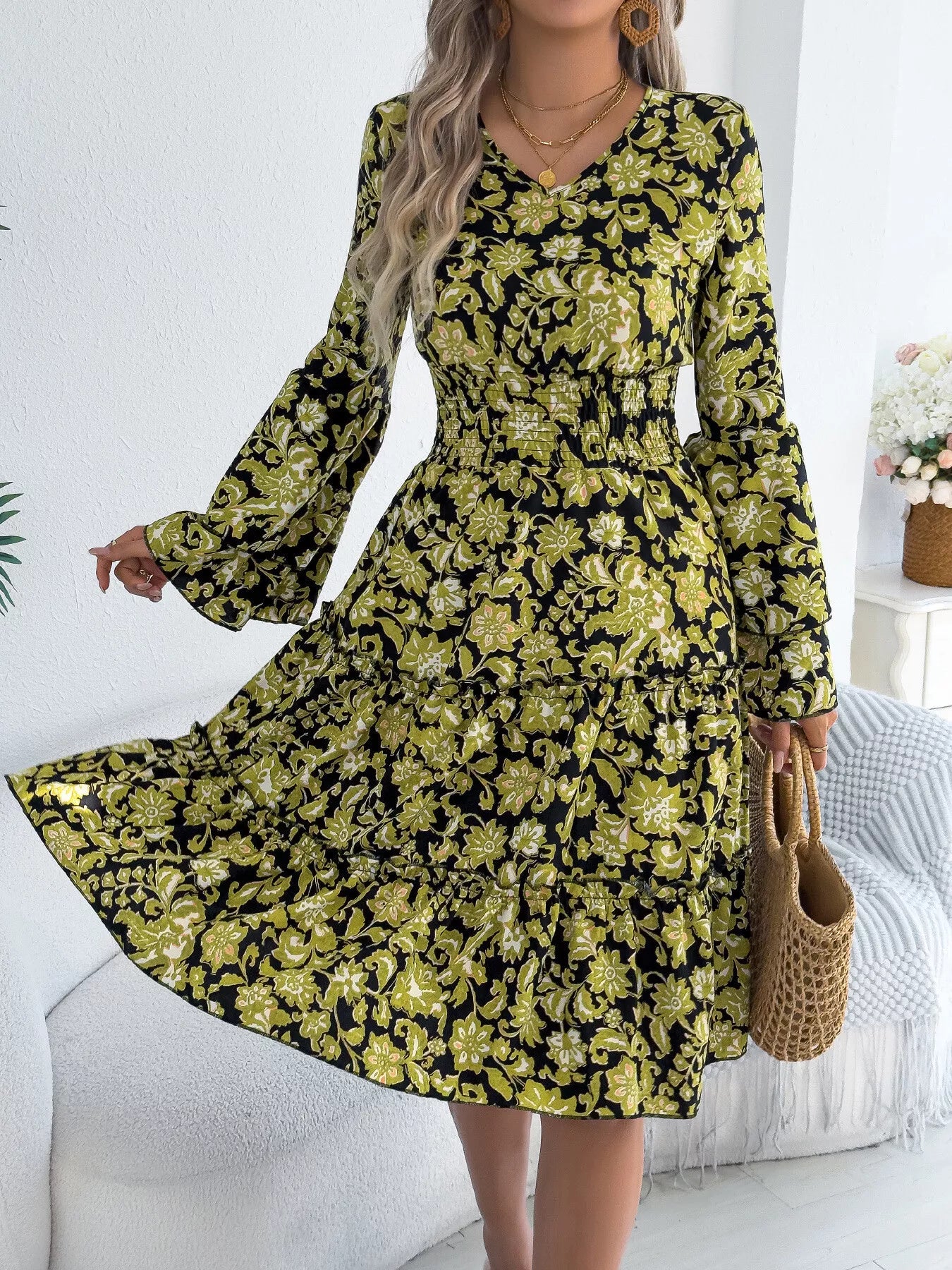 Floral Print Smocked Ruffle Hem Flared Sleeve Dress