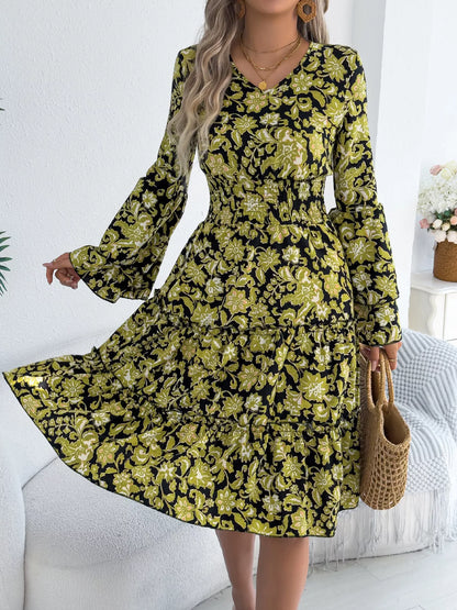Floral Print Smocked Ruffle Hem Flared Sleeve Dress