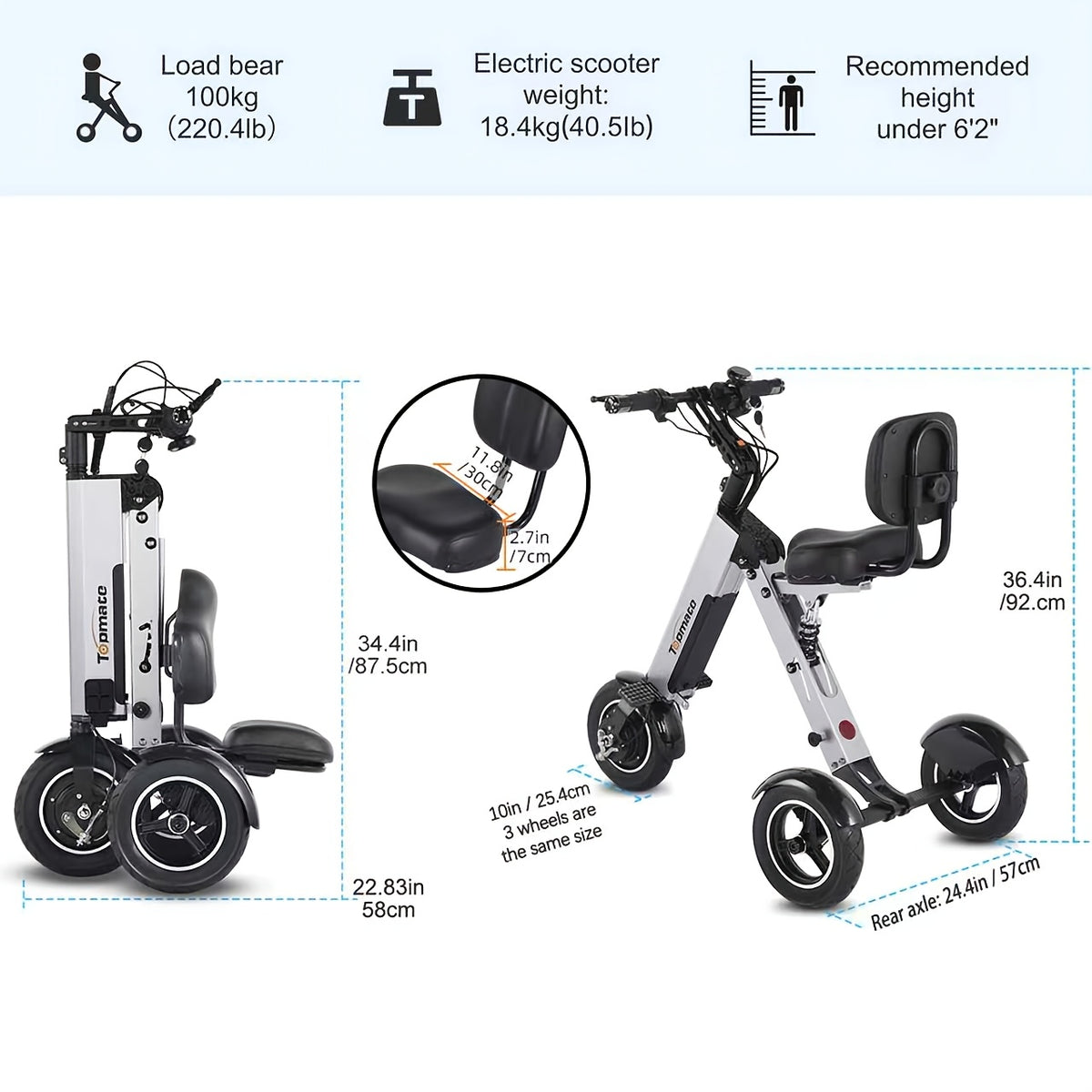 Topmate Electric Scooter, Foldable Mobility Scooter with Seat and Backrest, 3 Wheels Lightweight Power Scooter for Adults, Removable 7.8AH Battery with Reverse Function and Key Switch, for Commuting and Travel, Silvery