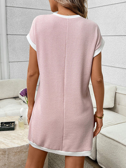 Contrast Trim Ribbed Knit Mini Dress with Pocket