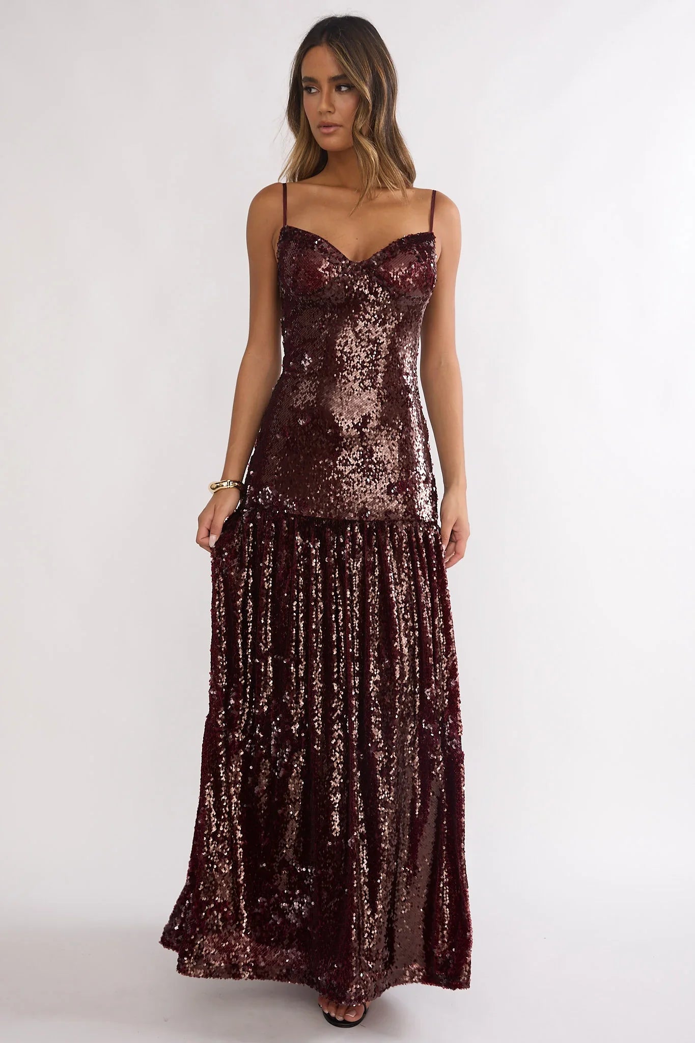 Miller Drop Waist Sequin Maxi Dress Burgundy