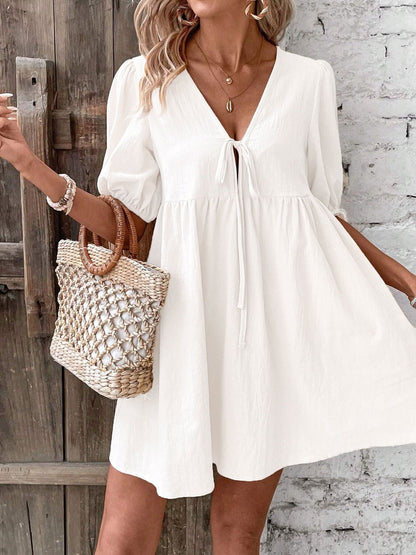 Tie Front Puff Sleeve Mini Dress