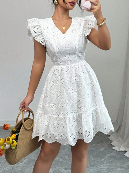 Eyelet Ruffle Sleeve Mini Dress
