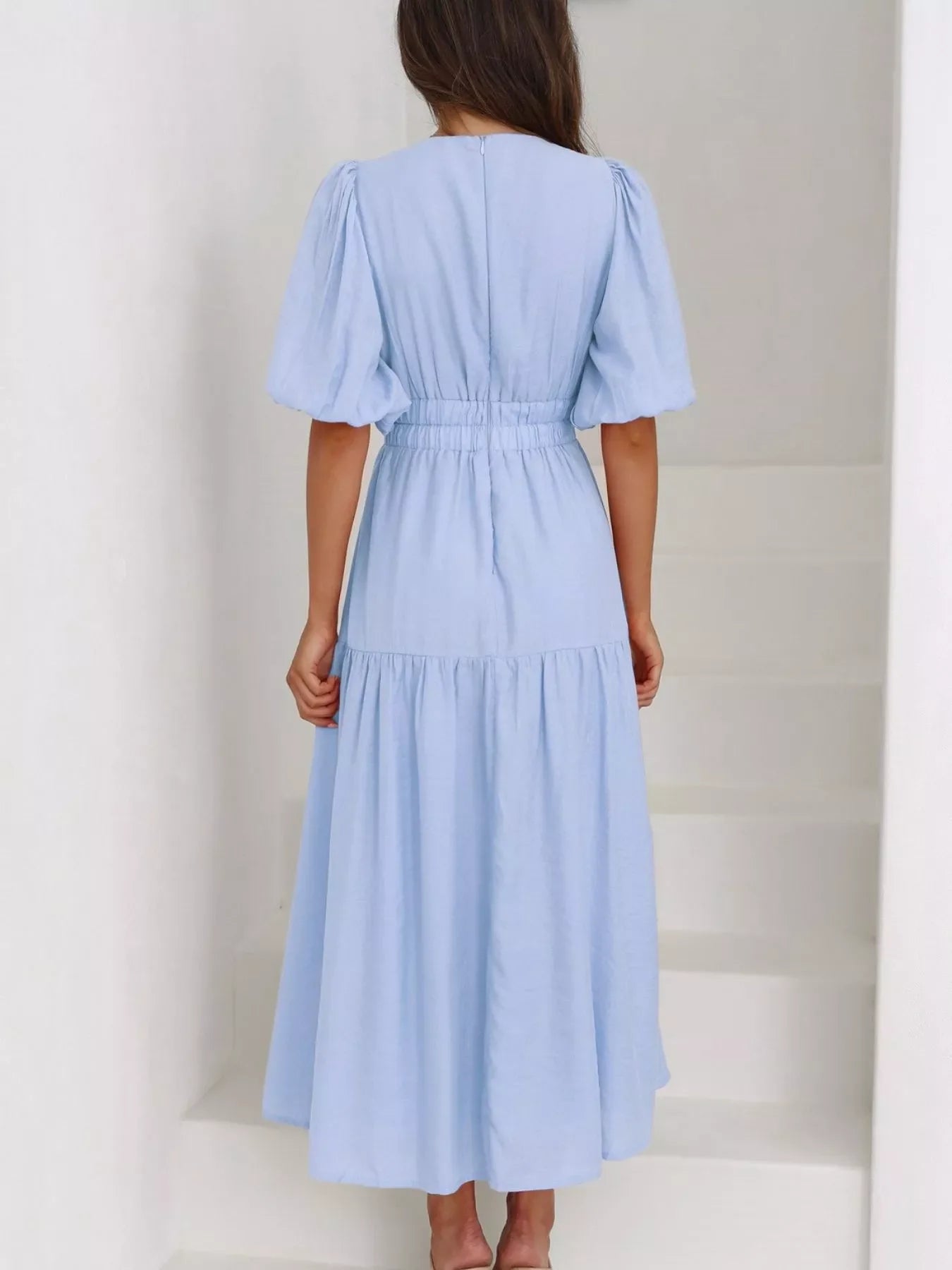 V-Neck Puff Sleeve Midi Dress