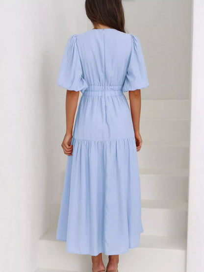 V-Neck Puff Sleeve Midi Dress