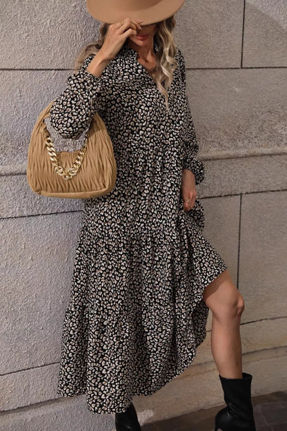 Leopard Notched Balloon Sleeve Dress