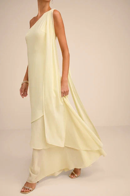 Camellia Light Yellow One-Shoulder Bow Maxi Dress