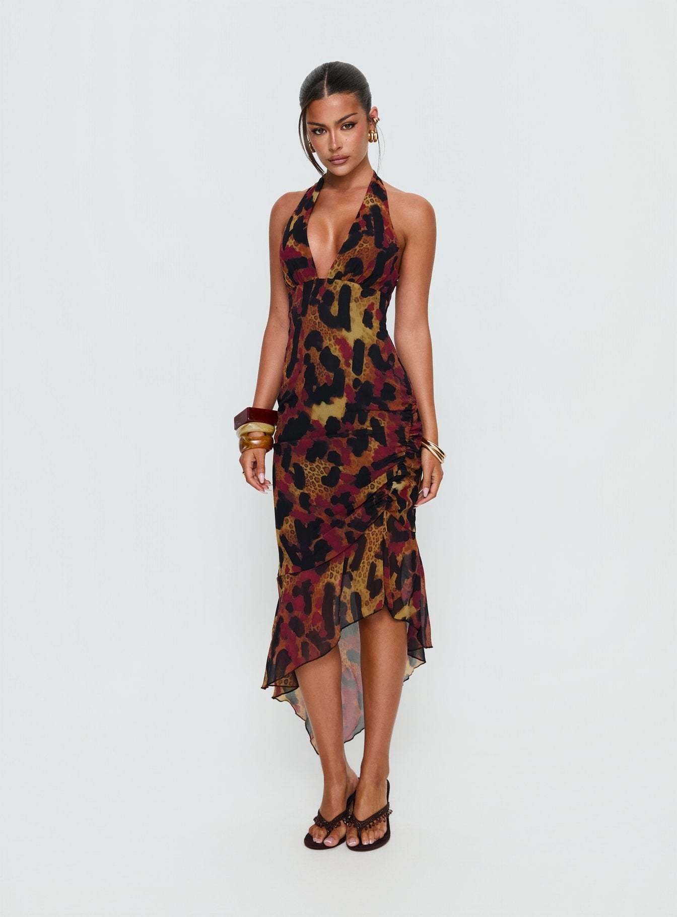 Katriona Halter Asymmetrical Maxi Dress Leopard Multi