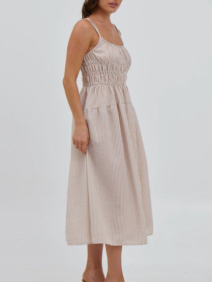 Striped Smocked Bodice Midi Dress