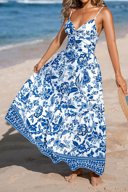 Floral Print Twisted Front Cutout Maxi Dress