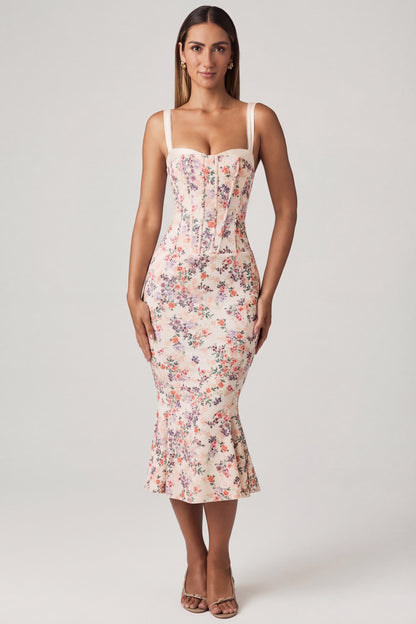 Layered Bra-Detail Fishtail Midaxi Dress in Primrose Floral Print