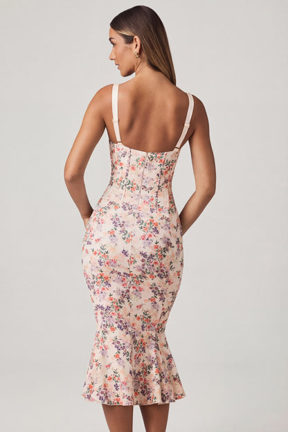 Layered Bra-Detail Fishtail Midaxi Dress in Primrose Floral Print