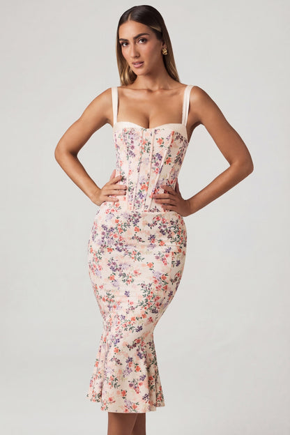 Layered Bra-Detail Fishtail Midaxi Dress in Primrose Floral Print