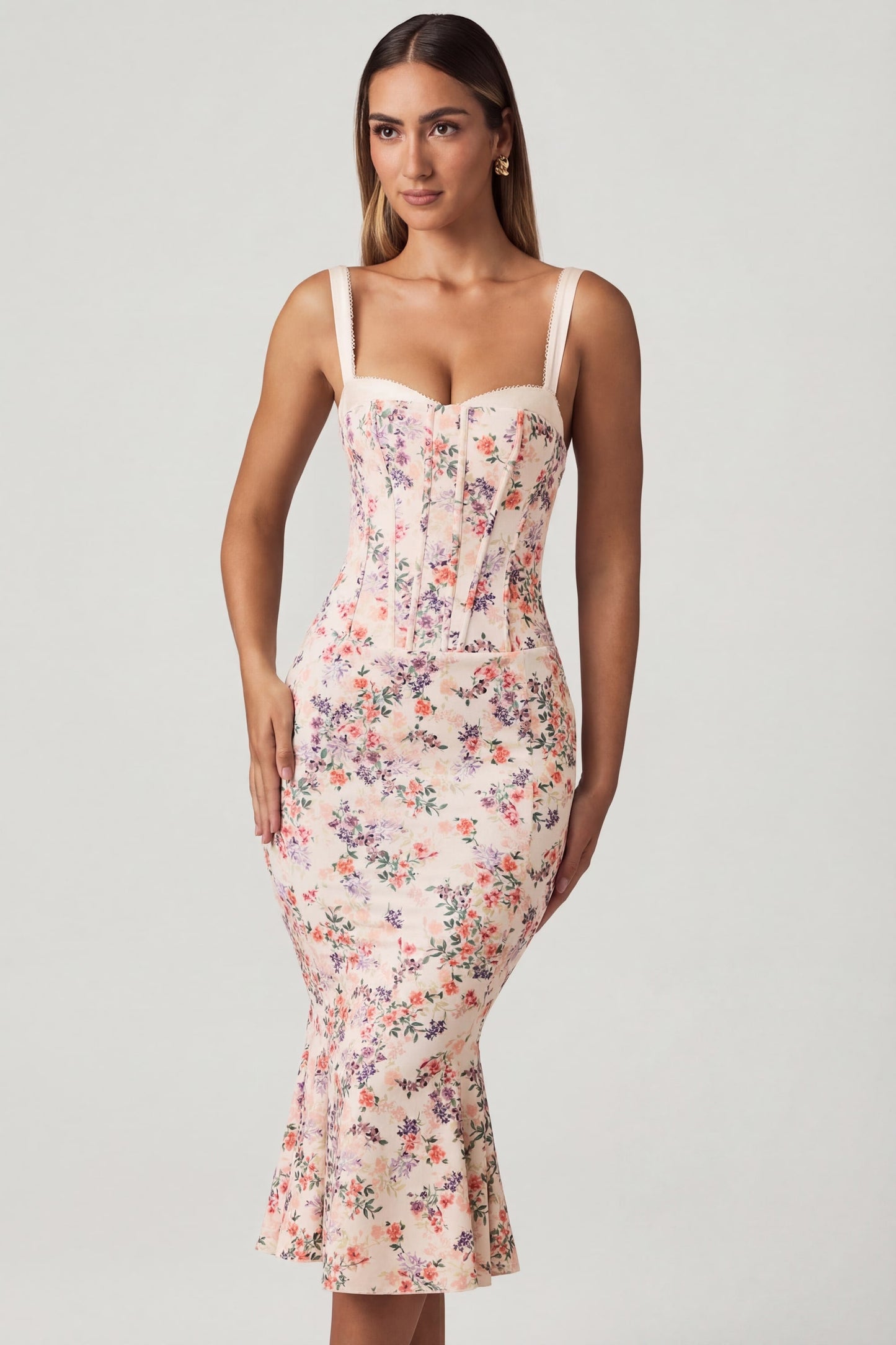 Layered Bra-Detail Fishtail Midaxi Dress in Primrose Floral Print