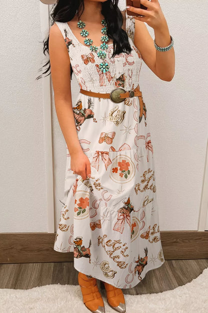 Western Horseshoe Print U-Neck Sleeveless Midi Dress