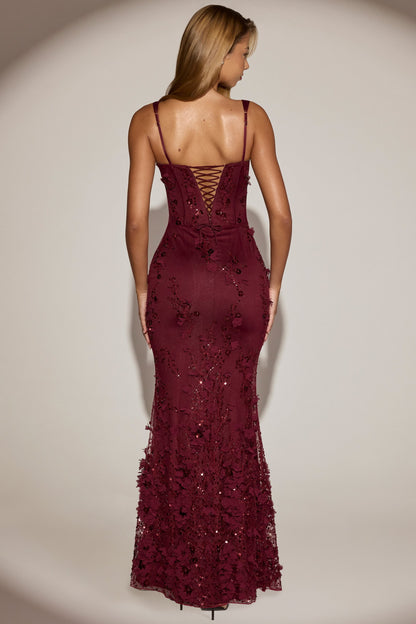 Embellished Appliqué Soft-Scoop Corset Gown in Wine Red